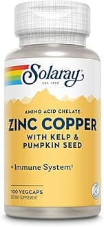 SOLARAY Zinc Copper Amino Acid Chelate - Immune Support Supplement w/Chelated Zinc 50mg - Bone, Skin, Heart Health and Thyroid Support - with Iodine from Kelp, 60-Day Guarantee, 100 Serv, 100 VegCaps