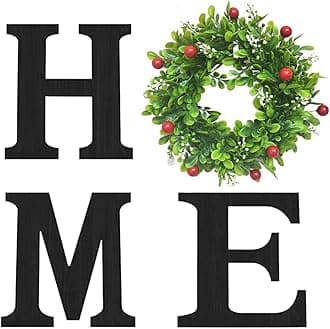 Wooden Home Sign with Artificial Boxwood Wreath for O, Hanging Farmhouse Wall House Decor Wood Letters for Wall Art Rustic Home Decor, Wall Decor for Living Room Kitchen Entryway