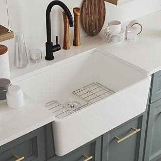 Farmhouse kitchen sink, DeerValley DV-1K116 24" L x 16" W Ceramic Single Bowl Farm Kitchen Sinks, White Apron Front Farm Sink with Grid Accessories Protective Bottom Grid and Strainer
