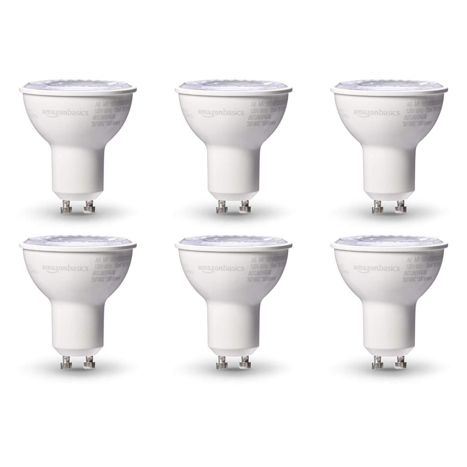 Amazon Basics MR16 LED Light Bulb, 50W Equivalent, Energy Efficient 7W, GU10 Base, Warm White 3000K, Dimmable, 10,000 Hour Lifetime, 6-Pack