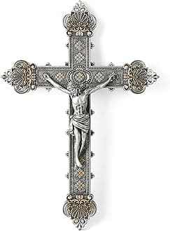 BC Catholic Crucifix Wall Cross, 12"H Jesus Christ Home Decor, Religious Gift, Vintage Silver Color Finish, Renaissance Sculpture Hand-painted by Buildclassic