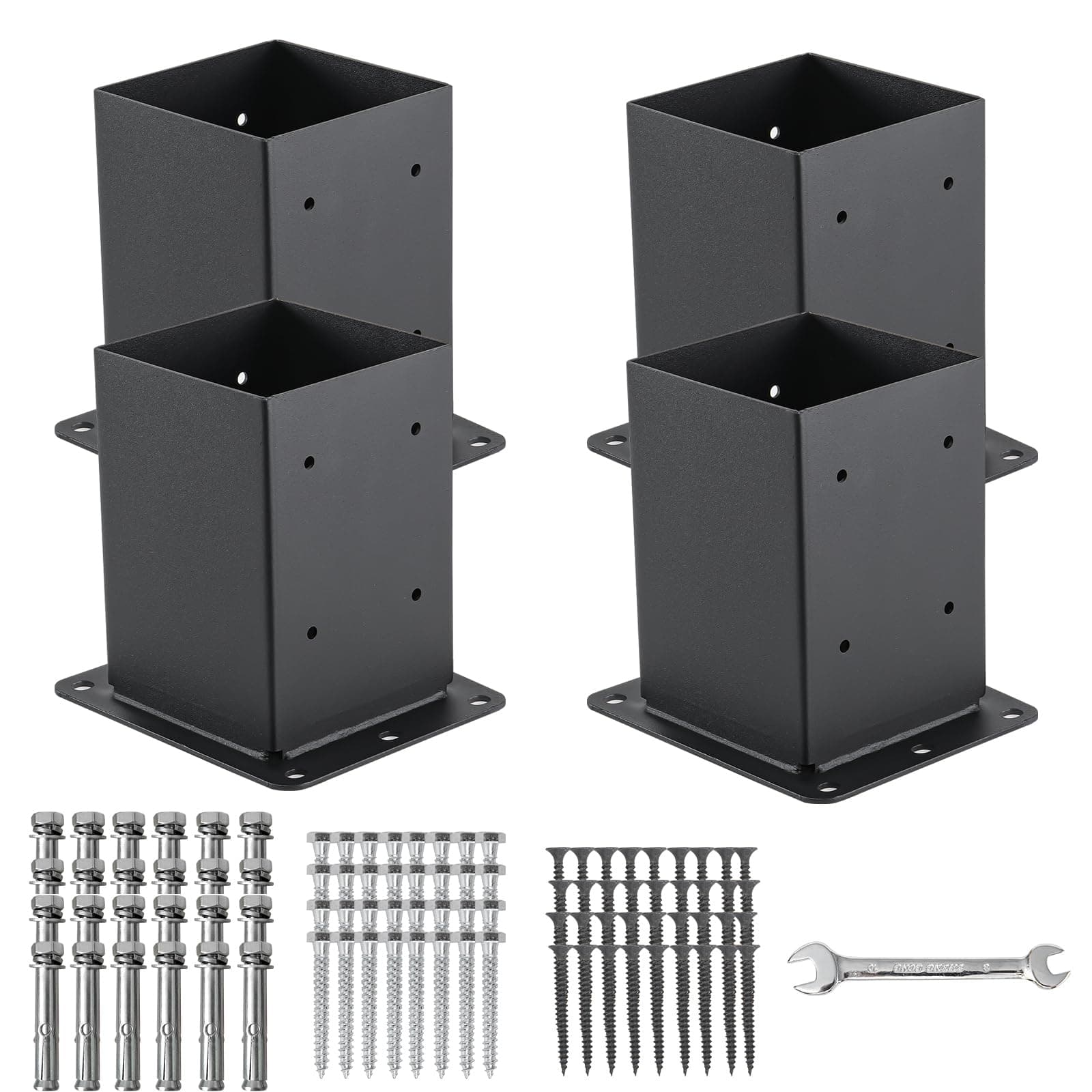 4x4 Post Base 4 Pcs, (Inner Size 3.6x3.6) Post Anchors, 13GA Thick Solid Steel & Black Powder Coated,Deck Post Brackets Support Deck Base Plate Pergola Brackets Fence Kit Mailbox Mount
