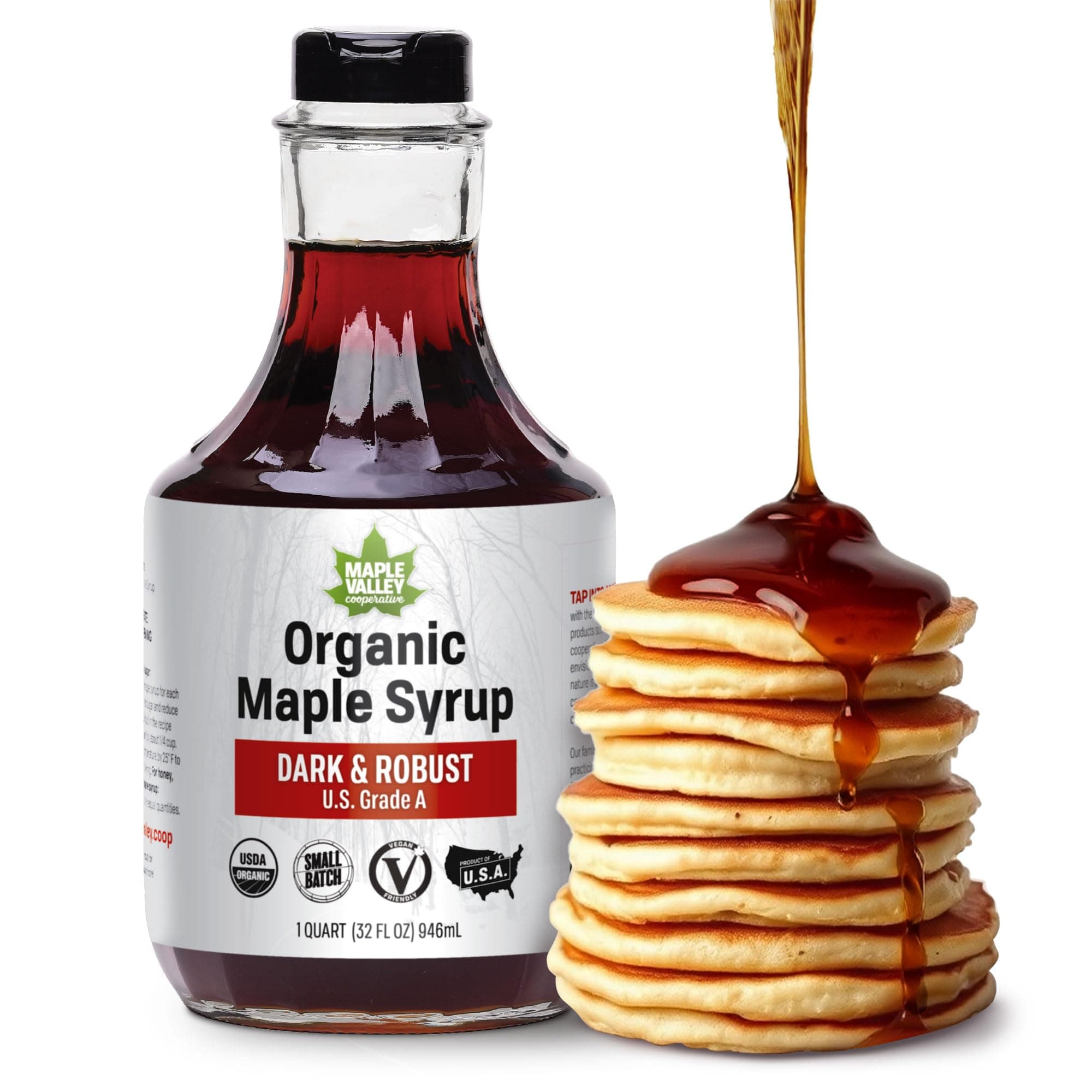 Maple Valley Organic Pure Maple Syrup, Dark & Robust Better Than Pancake Syrup, Use for Coffee or All-Natural Sugar Substitute in Cooking and Baking (32oz Glass Bottle)