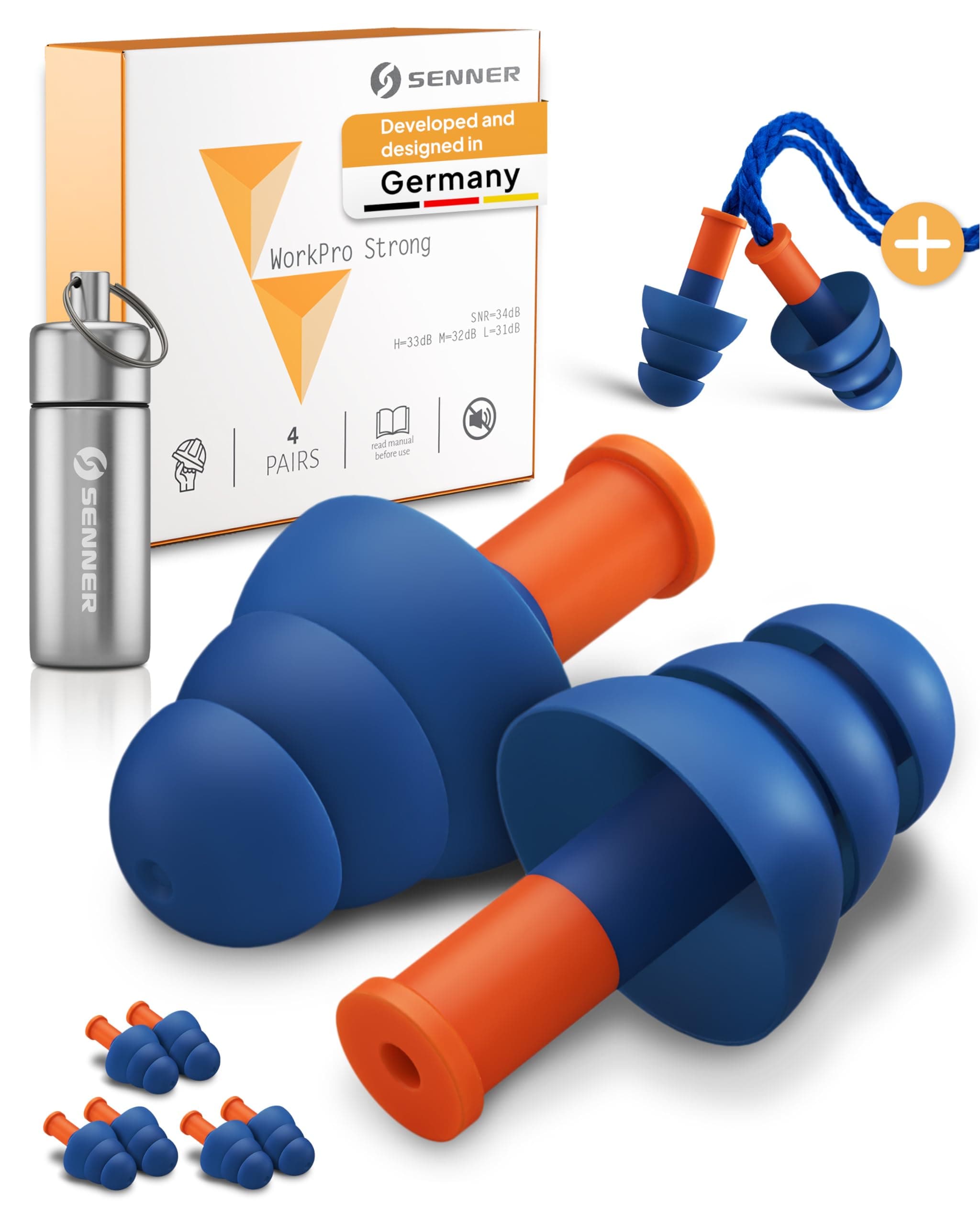 Senner ® WorkPro Strong | Earplugs for Work – Ideal for Loud Noise Sources – Hearing Protection at Work and at Home – with 3 Extra Pairs, Nylon Cord, and Aluminum Container