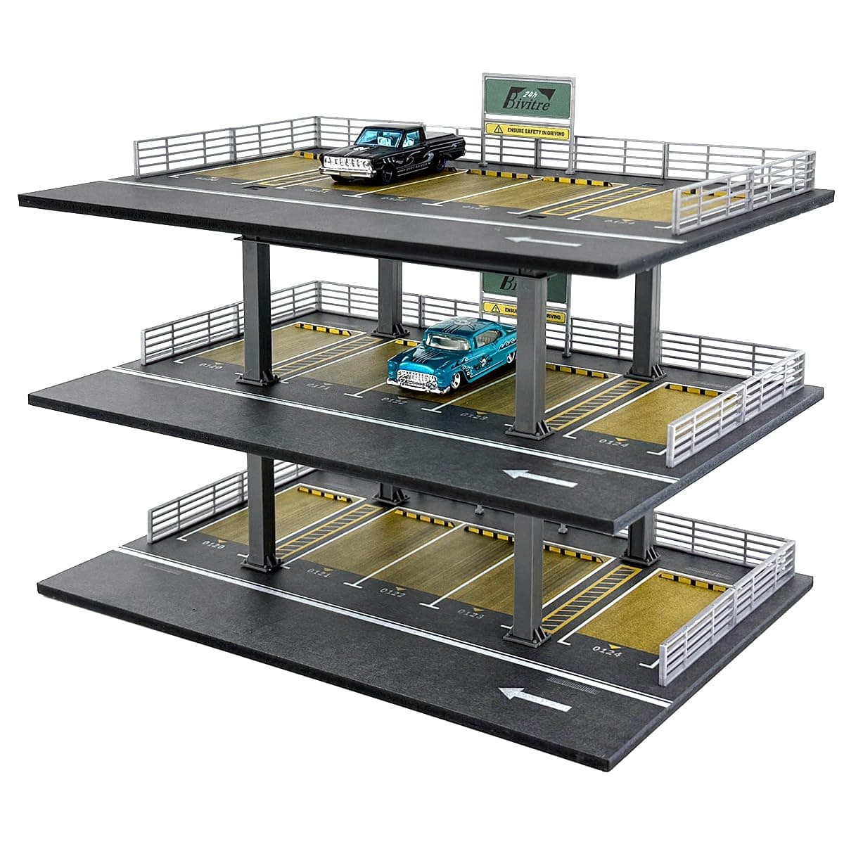 1/64 Scale Die-cast Model Car Display Case Organizer - Parking Garage Diorama Compatible with Hot Wheels Matchbox Mini GT,for Toy Car Display and Storage 15 Parking Spaces(Horizontal Railing)
