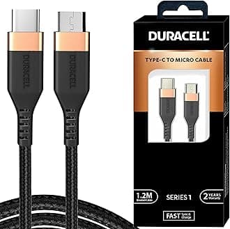 Duracell Type-C To Micro Cable, 2A Braided Sync & Quick Charging Cable, 3.9 Feet (1.2M) braided Sync & Charge Cable, Supports QC 2.0/3.0 Charging, Rapid data transmission, Series 1, Black