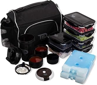 TO GO Meal Prep Bag Insulated Lunch Meals Bag W/6 Portion Control Containers,2 ICE PACKS, Shaker, Pill Box,With an Adjustable shoulder. bag for meals (Black)