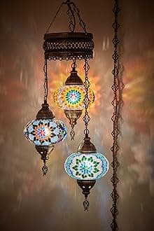 3 Large Globe Plug-in Turkish Moroccan Mosaic Chandelier, Hanging Lamp, Ceiling Light Fixture with 15ft Cord & Chain for Living Room, Bedroom - Handmade, Customizable, 3.5 ft Drop