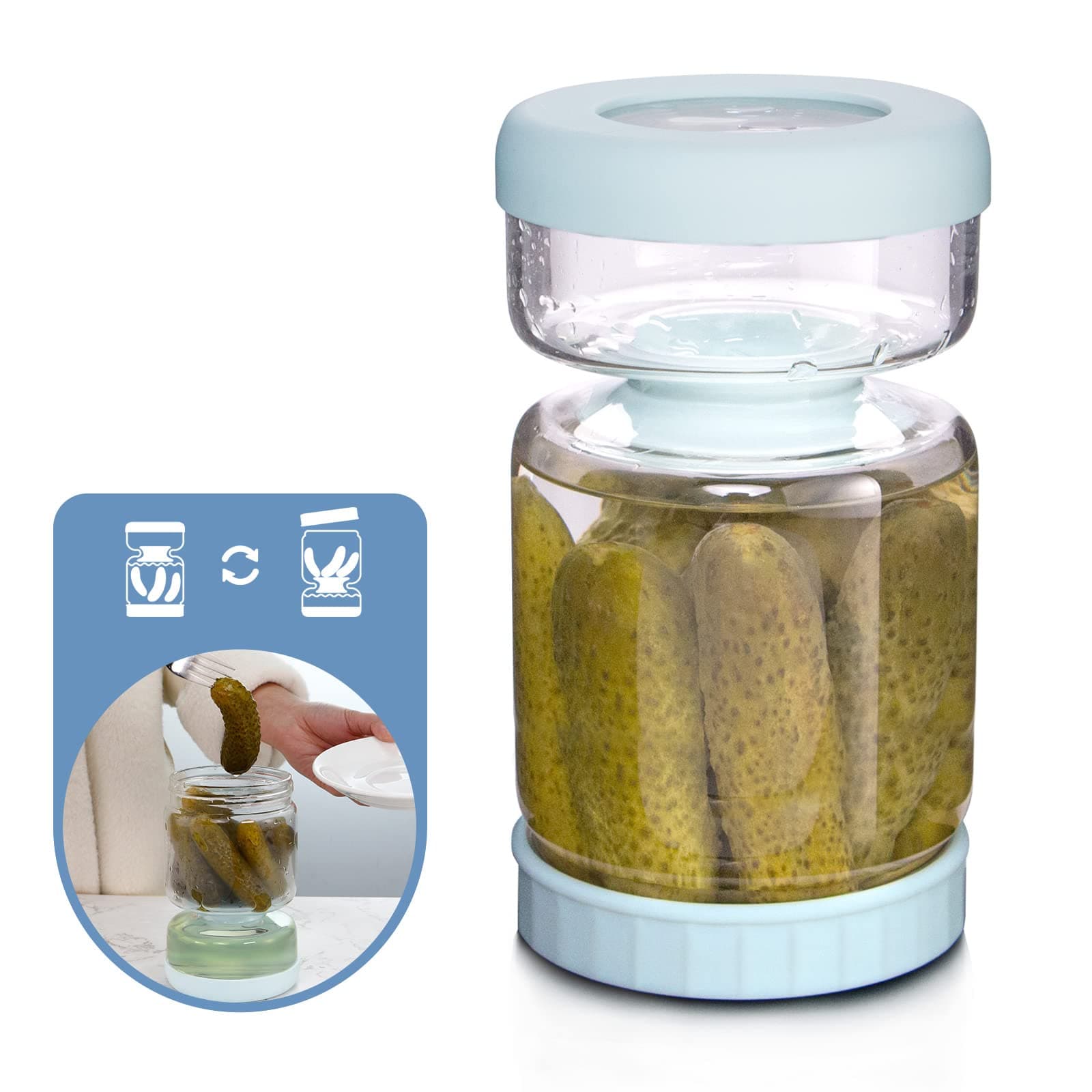Glass Pickle Jar with Strainer Flip,34oz Pickle Container,Hourglass Pickle Juice Separator Jar for Olives,Gherkins or Sliced,Leakproof Dishwasher Safe