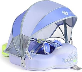 Mambobaby Float Add Tail No Flip Over Non-Inflatable Baby Swim Float Pearl Foam Solid Water Floats Smart Swim Trainer Infant Pool Float Swim Ring with Sun Canopy