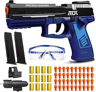 Moonmen Soft Bullet Toys Gun Pistol, Automatic Continuously Empty Shell Ejecting Toy Gun, 40 Soft Foam Bullets, 2 Magazines, Pistol Education Model Toys (USP Blue)