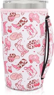 Neoprene Insulated Sleeves Cup Holder with Handle for 20oz Tumbler Cups, Reusable Iced Coffee Sleeve Compatible with Starbucks Trenta, Dunkin Large, more(Coquette Cowgirl)