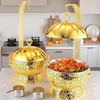 Gold Chafing Dish Buffet Set - 2 Pack, 8 Quart Stainless Steel Chafer Buffet Servers and Warmers Set, with Hanging Cover for Weddings, Parties, Banquets, and Catering Eventst