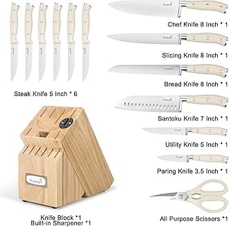 Kuisine Chef Knife Set,High Carbon Stainless Steel Sharp Knife Set Ergonomic Handle,Kitchen Knife Block Set with Built-in Sharpener(Ivory Pro,15PCS)