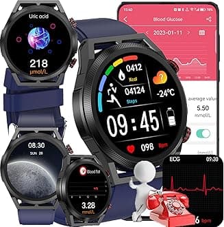 Blood Glucose Smart Watch, ECG HRV Fitness Tracker with Heart Rate Blood Pressure Uric Acid Measurement, Blood Lipid Monitoring, 20 Sports Modes, Text & Call, for Men & Women,Blue