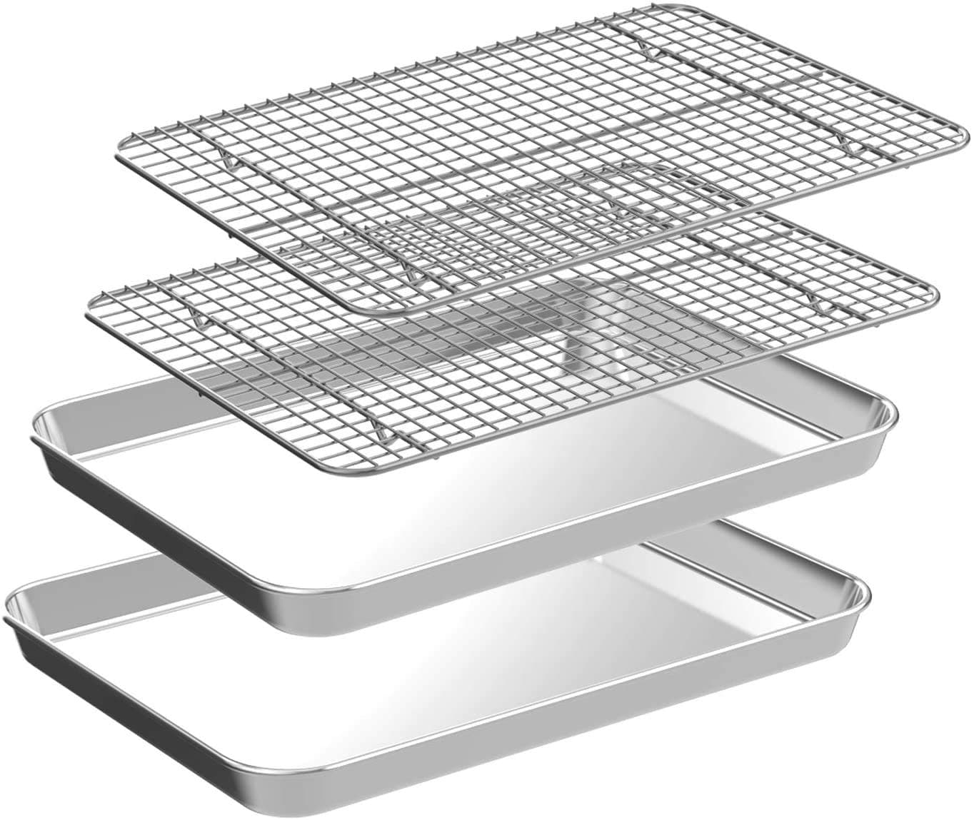 CEKEE Quarter Baking Sheet with Rack Set [2 Pans + 2 Racks], Stainless Steel Cookie Sheet Baking Pan Tray with Cooling Rack, Non Toxic & Heavy Duty & Easy Clean （16 Inch）