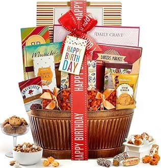 Broadway Basketeers Birthday Gift Basket – Gourmet Snacks & Sweet Treat Box with Cookies, Candy & more - Food Gift Basket for Women, Men & Families - Happy Birthday Surprise Box, Kosher