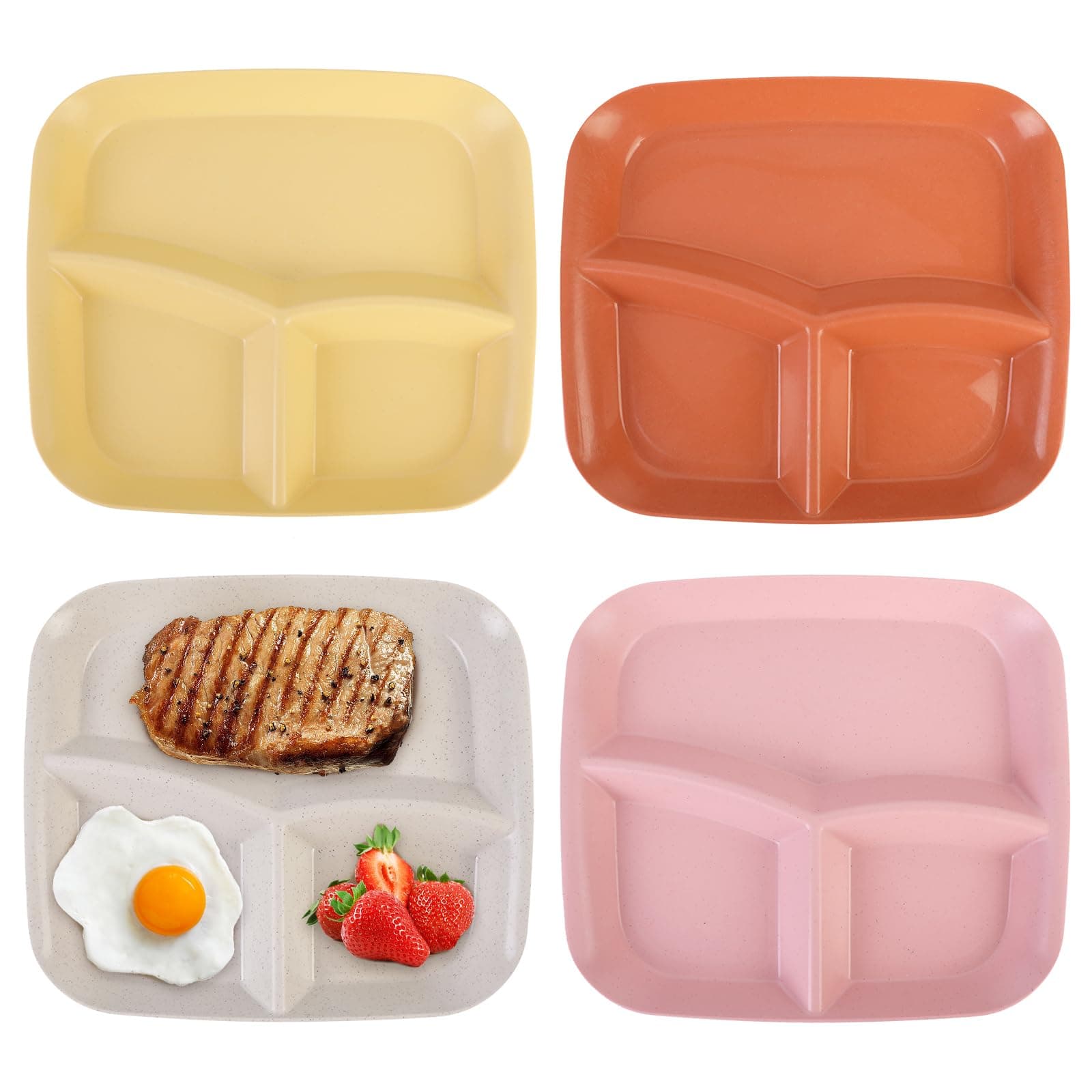 4 Pieces Divided Dinner Plates,9 inch Unbreakable Portion Control Plates,Reusable Camping Plates with Sections,3 Compartment Diet Plates,Microwave and Dishwasher Safe Dishes for Adult Children Kids