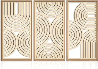 IARTTOP Large Boho Wood Wall Art Set of 3 Framed Wooden Mid-century Modern Wall Decor Minimalist Modern Abstract Geometric Decor for Living Room Bedroom Office-16x32 Inch