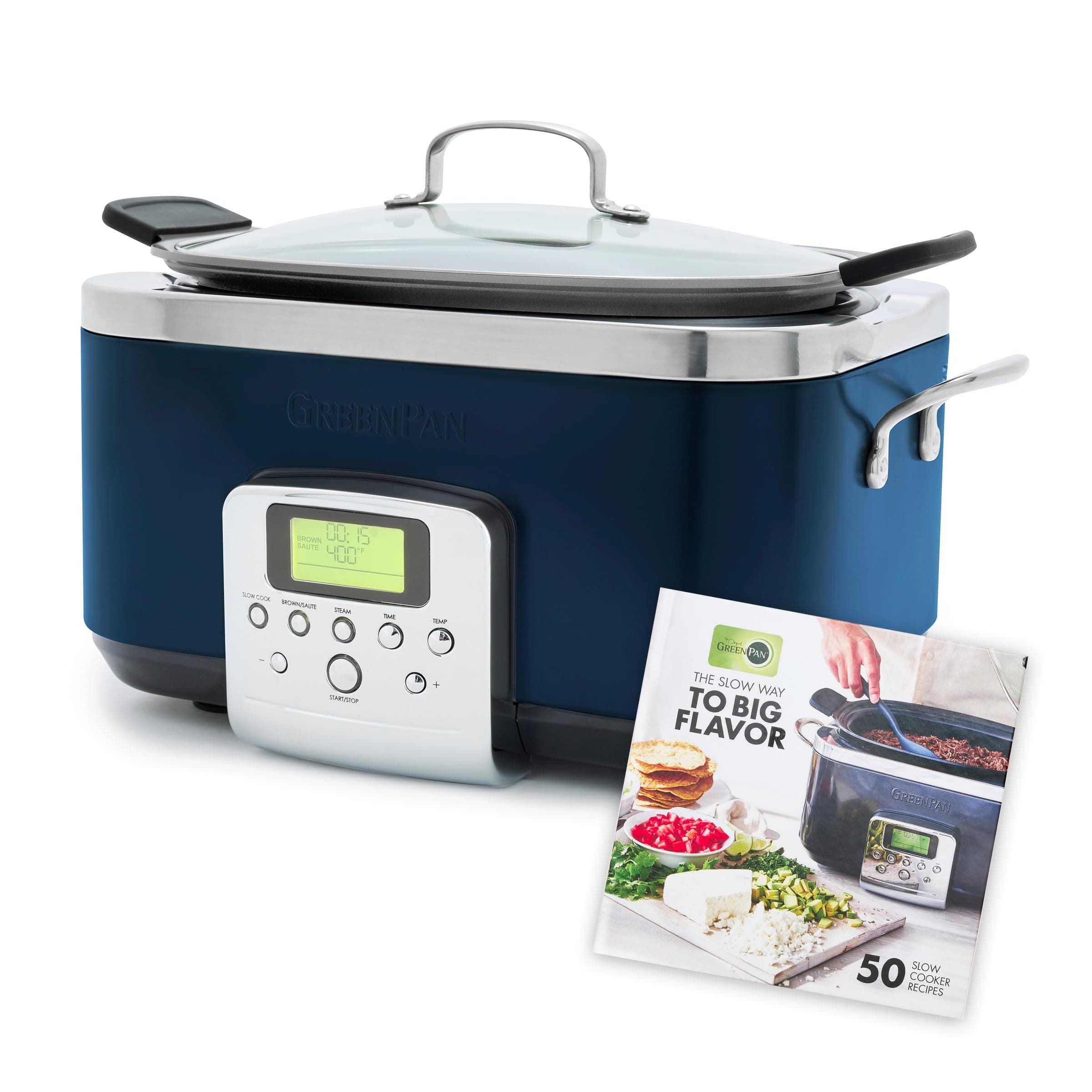 GreenPan Elite 8-in-1 Programmable 6 Quart Electric Slow Cooker, GlassLid & Removable Crock, PFAS-Free Healthy Ceramic Nonstick Multi-Cooker,Sear, Sauté/Brown,Roast, Cobalt Blue + Slow Cooker Cookbook