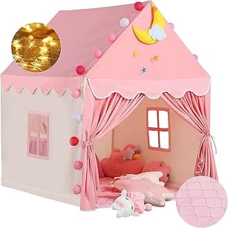 Wilwolfer Kid Tent with Mat, Star Lights - Kids Play Tents for Kids Tents Indoor Playhouse - Princess Tent for Girls Toy House Gift (Pink with Cloth)