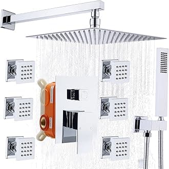 Enga Rain Shower System with Body Jets, 12 Inch Powerful Full Body Shower System with Rainfall Shower and Handheld Spray, Rough-in Mixer Valve Shower Faucet Set, Chrome