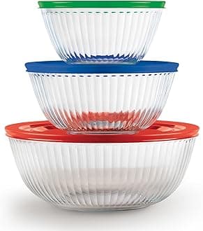 Sculpted (3-Pack) Glass Mixing Bowls Set With Plastic Lids For Prepping, Baking and Cooking, Preheated Oven, Dishwasher, Freezer, and Microwave Safe