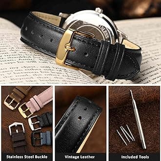 WOCCI 14mm Vintage Leather Watch Band for Men and Women, Gold Buckle (Black)