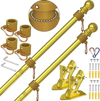 ZMTECH Flag Pole - Upgraded Bracket, (2 Packs) 6 FT Stainless Steel Flag Poles for Outside House, Residential or Commerical, Tangle Free Flag Pole Kit for American Flag (Without Flag, Gold)