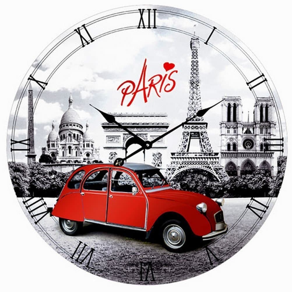 Paris Eiffel Tower and Red Car Round Wall Clock 11"