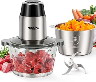 GANIZA Electric Food Chopper & Meat Grinder - 2 Bowls (8 Cup+8 Cup) with 450W Copper Motor - Includes 2 Sets of Bi-Level Blades for Fruits/Meat/Nuts
