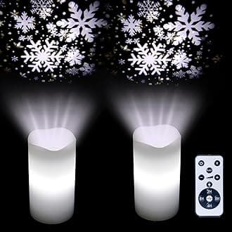 Flameless Candles with Snowflake Projector Lights Battery Operated LED Candle with Remote and Timer, Christmas Decorations,2 Pack