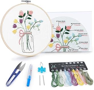 BERYA Flowers Embroidery Kit Including Video Step by Step Instructions Embroidery Hoop,Color Threads and Embroidery Scissors for Beginners-Handmade Needlepoint Kits for Adults
