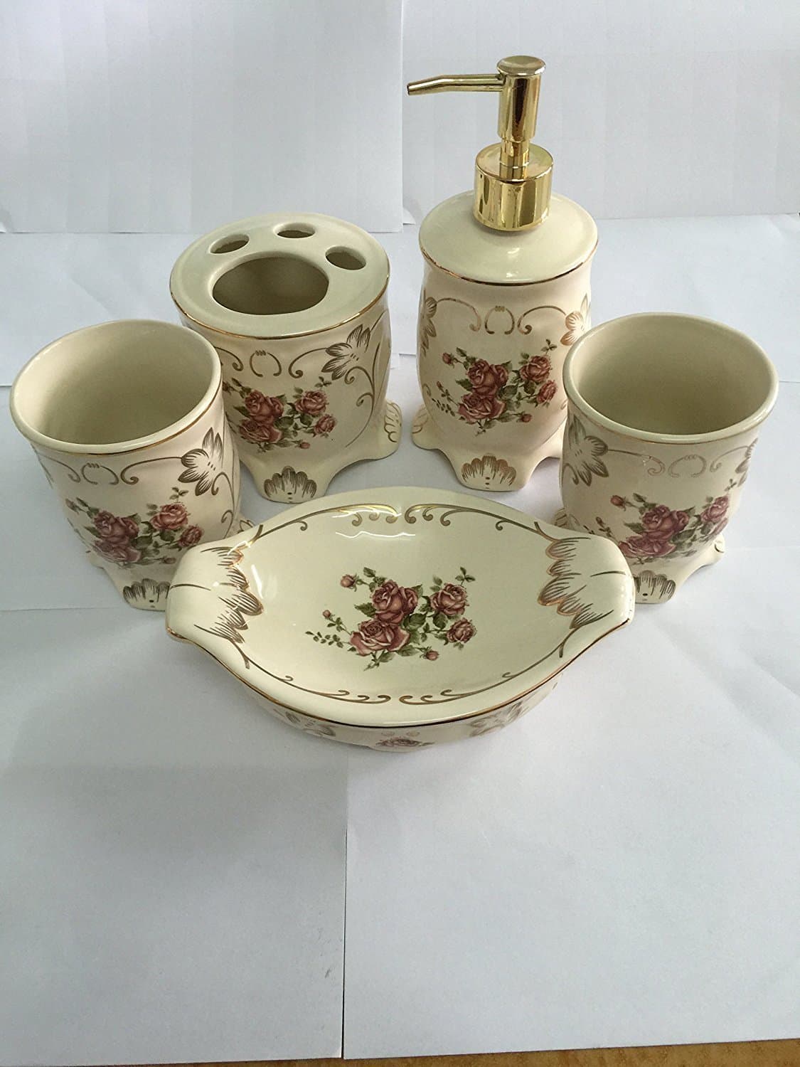 5Ceramic Bathroom Set Pink Roses（toothbrush holde）