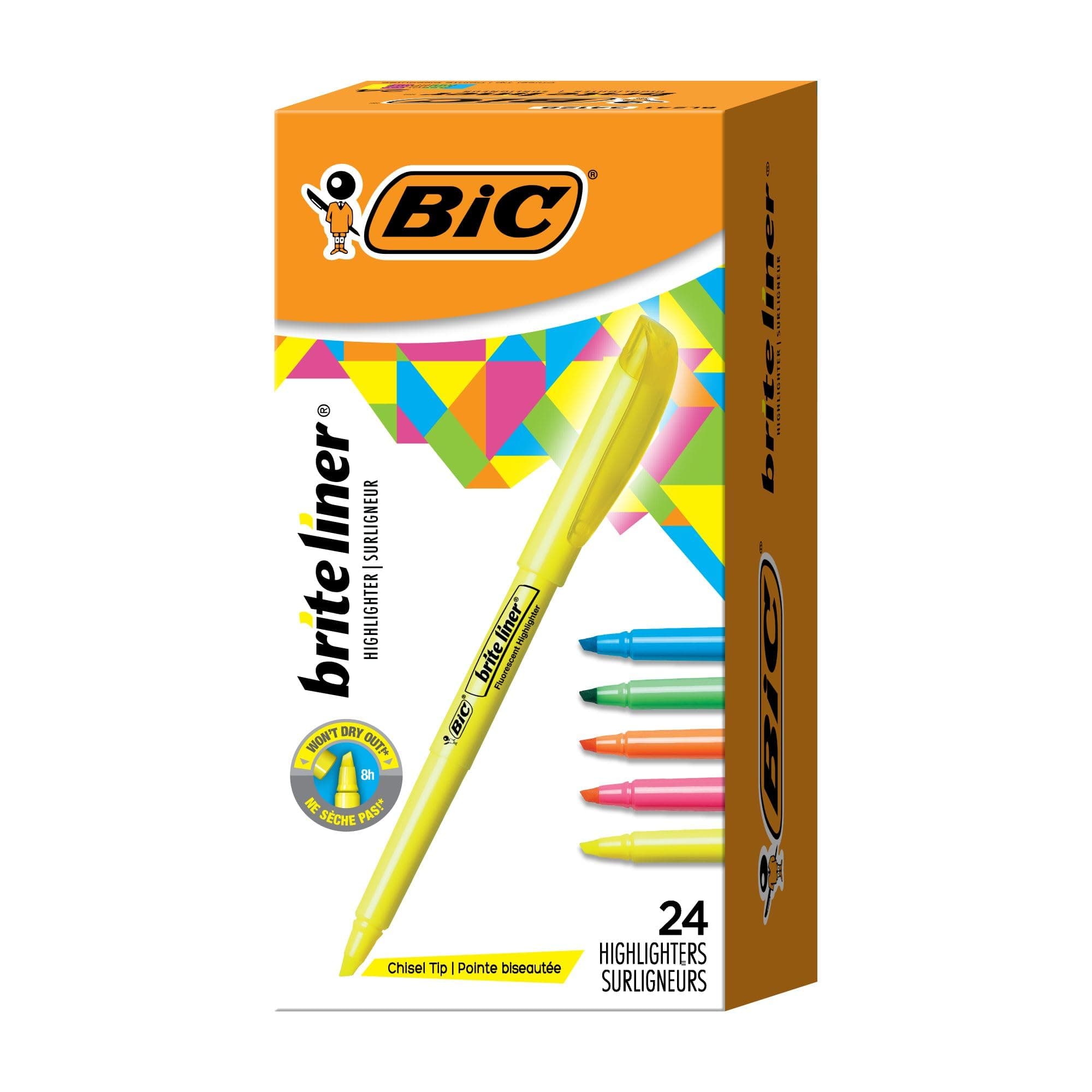 BIC Brite Liner Highlighters with Chisel Tip for Broad and Fine Lines, 24-Count Pack in Assorted Colors