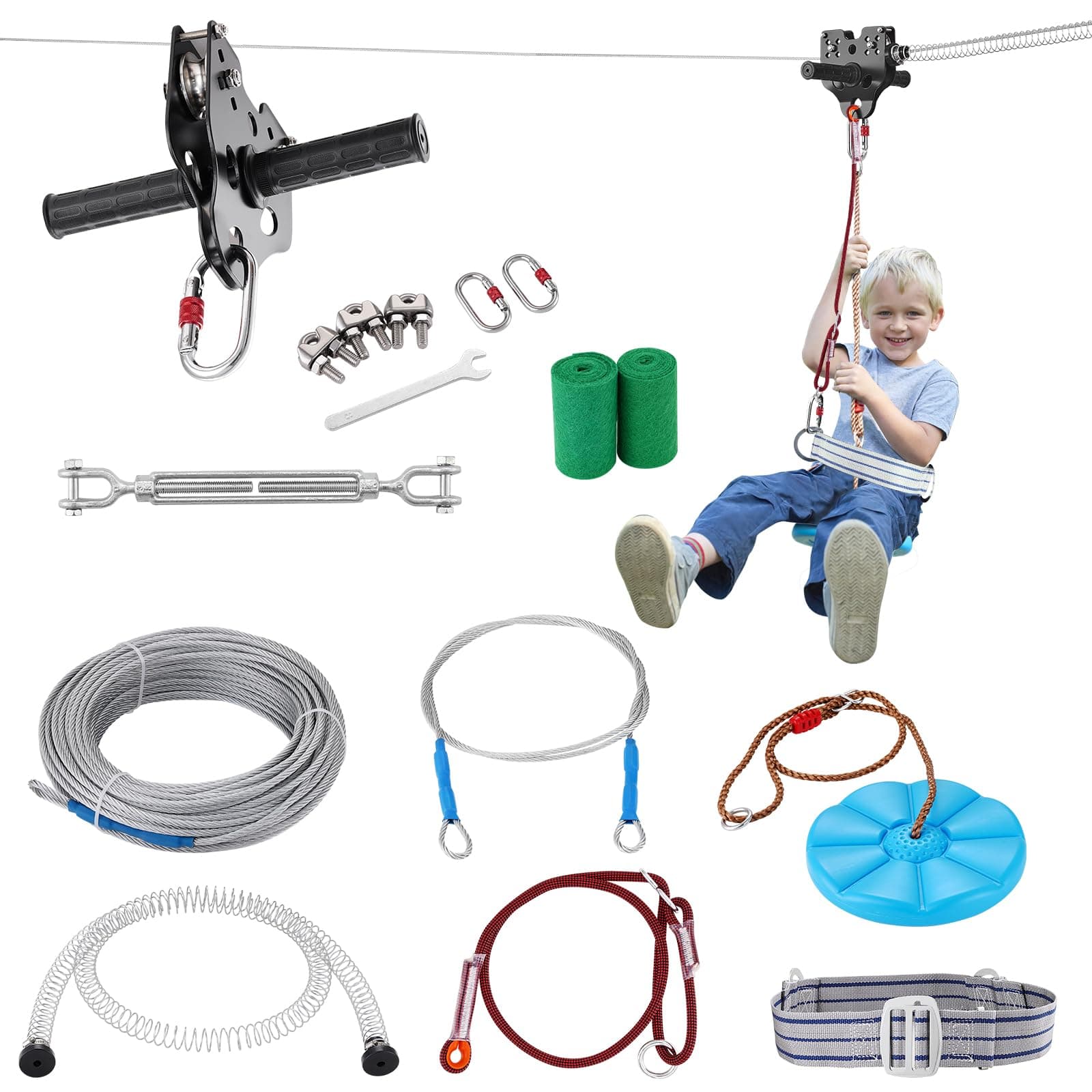 VEVOR Zip line Kits for Backyard，60ft Zip line Kit for Kids and Adult Up to 330 lb, Included Swing Seat, Ziplines Brake, and Steel Trolley, Outdoor Playground Equipment