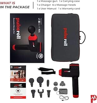 Pulseroll Pro Athlete Grade Percussion Handheld Deep Tissue Muscle Full Size Massage Massger Gun 4 Speeds with 4 Heads & Carry Case Set, Black