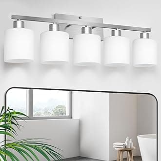 CANMEIJIA 5-Light Bathroom Vanity Light Fixtures with Brushed Nickel, Modern Vanity Lighting for Bedroom Living Room, Vanity Lights with Milky White Glass Shades, E26 Socket, Bulbs Not Included