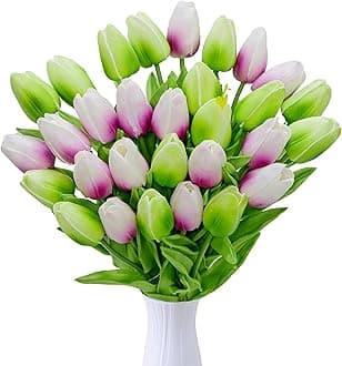 JIFTOK 30pcs Tulips Artificial Flowers Fake Flowers for Decoration, Faux Flowers Tulips Real Touch Arrangement Bouquet for Wedding Home Office, Faux Flower Bulk Gift Idea for Mothers Day(Pink,Green)