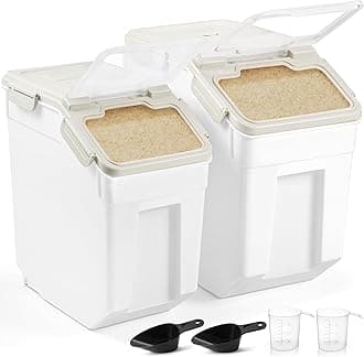 Rice Storage Container 25kg & 15kg Airtight Rice Container with Measuring Cup & Rice Shovel-Rice Barrel Dispenser-Moisture Proof Kitchen Organiser for Cereals & Pet Food- White, Plastic
