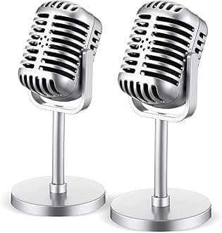 Chivao 2 Pack Retro Microphone Props Model Vintage Stage Table Decor Plastic Fake Microphone Antique Decor Stand Costume Prop for Party Toy(Silver,Classic)