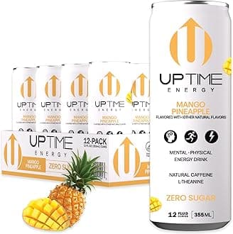 UPTIME Energy Drink, Mango Pineapple, 12 Pack, Vitamin C, L Theanine, Calcium, Sugar Free Energy Drinks for Focus Support, 142mg of Natural Caffeine, 5 Calories, Clean, Natural, Non GMO, 12 fl oz Cans