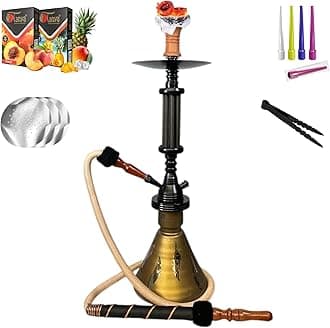 George 24" Portable Single Hose Premium Shisha Set, Sturdy Glass Vase & Metal Stem with Accessories Ceramic Bowl and Coal Tongs Ashtray Herbal Flavors (Gold)