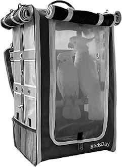 Birds Day Cockatoo Carrier Backpack-Parrot Travel Cage with Wooden Perch and Food Bowl, Stainless Steel Tray (Charcoal Gray, Cockatoo & Similar)