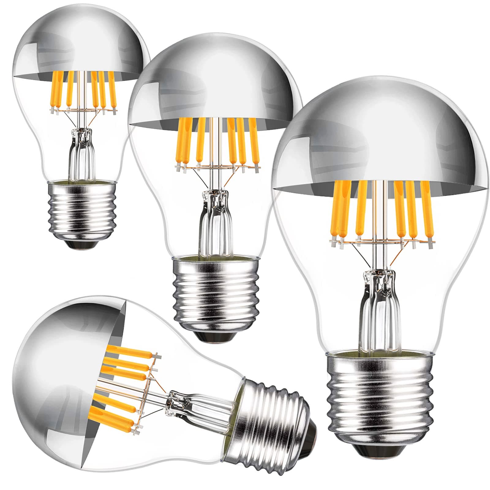 Half Chrome Light Bulb 6W (60 Watt Equivalent), Dimmable A19 A Shape 2700K Warm White Decorative LED Edison Bulb, Silver Tipped Light Bulbs E26 Base Pack of 4
