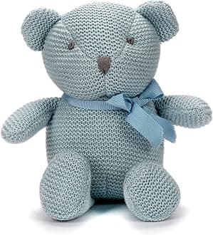 100% Organic Cotton Blue Teddy Bear Plush, 6.5" Baby Stuffed Animal for Newborn