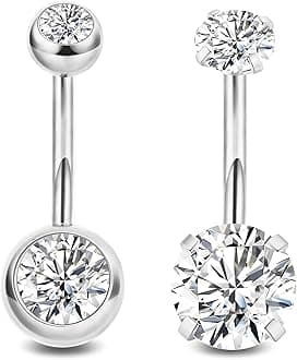 2PCS 14G Surgical Steel Belly Button Rings for Women Round CZ Navel Ring Long Belly Rings Belly Piercing Jewelry 6-16MM