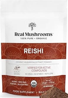 Real MushroomsReishi Powder - Organic Mushroom Extract Supplement with Potent Red Reishi Mushroom for Longevity, Mood, Sleep, & Immune Support - Vegan Mushroom Supplement, Non-GMO, 45 ServingsUSDA Organic