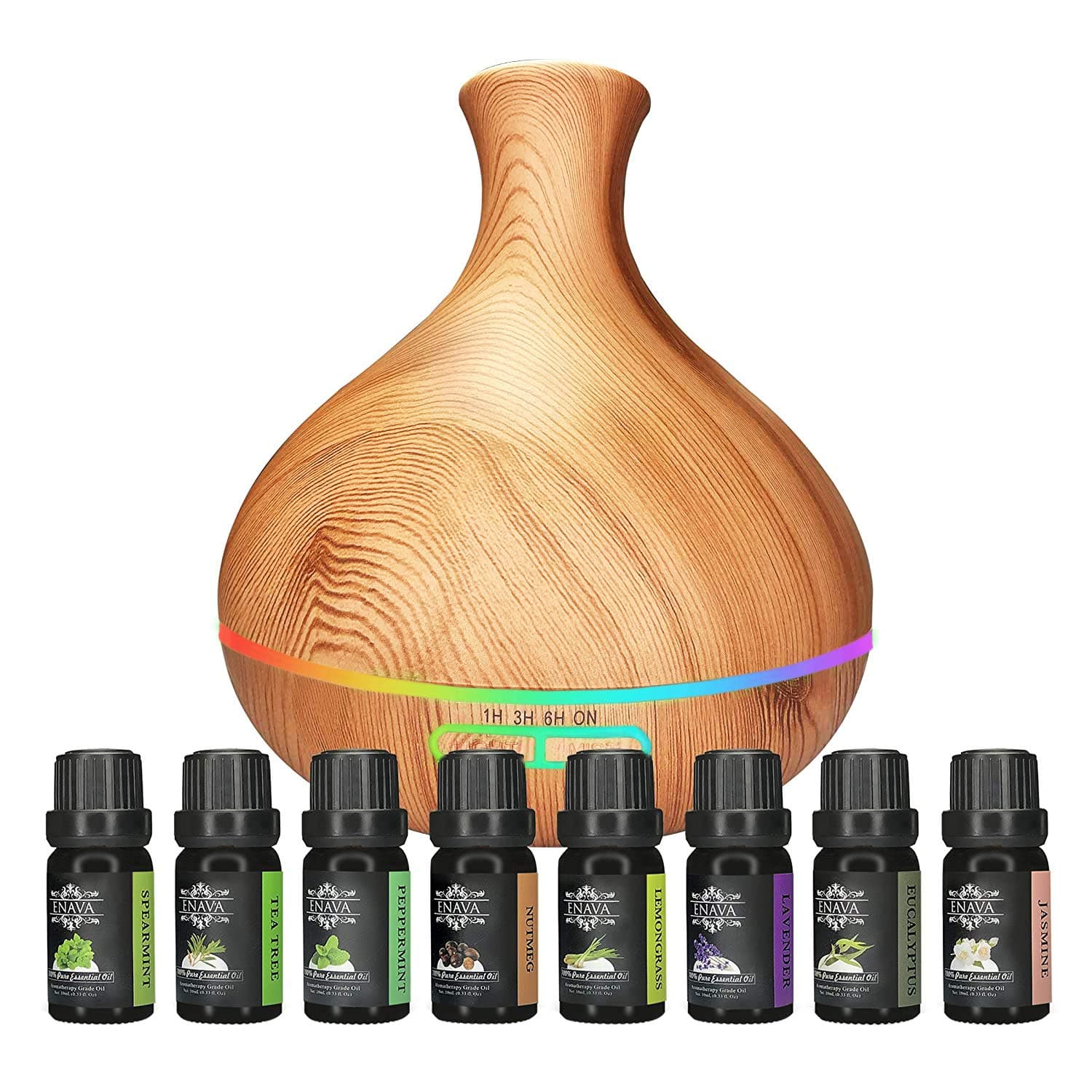 Aromatherapy Diffuser With Essential Oil Set-Ultrasonic Personal Humidifier Diffuser 350 ml Top 8 Oils-Extreme Cool Mist Output Waterless Auto ShutOff and 7 color LED-100% Therapeutic Grade Aroma Oils