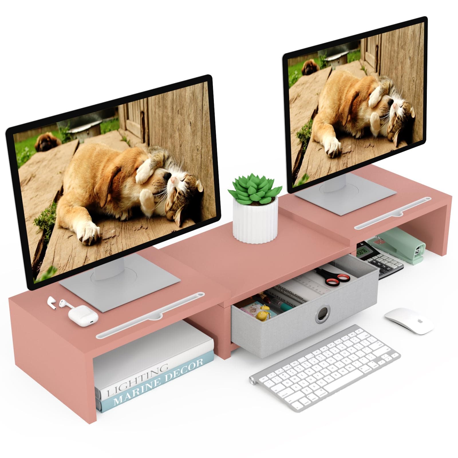 WESTREE Dual 3 Shelf Computer Riser with Drawer, Adjustable Length and Angle, Desktop 2 Monitor Stand Storage Organizer